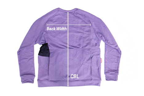 Sweatshirt laid flat, with lines indicating back width and center back length