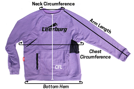 Sweatshirt laid flat, with lines indicating center front length, chest circumference, bottom hem, arm length, and neck circumference