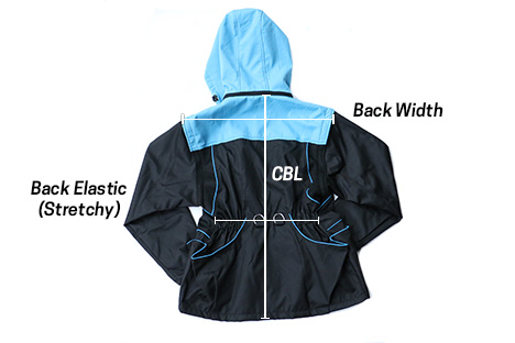 Backside of jacket laid flat, with lines indicating back width, center back length, and back elastic