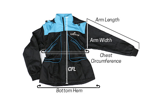 front of jacket with lines indicating center front length, chest circumference, bottom hem, sleeve length and arm width