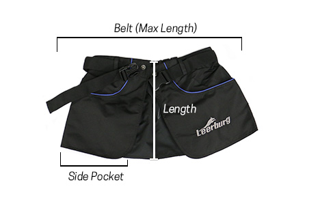 front of Apron with lines indicating apron length, belt length, and side pocket width