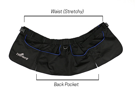 Backside of vest laid flat, with lines indicating waist and back pocket width