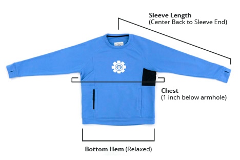 Sweatshirt laid flat, with lines indicating sleeve length, chest, and bottom hem