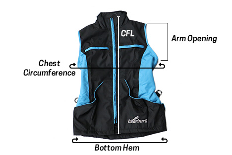 Vest laid flat, with lines indicating center front length, chest circumference, bottom hem, arm opening