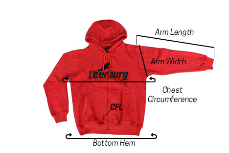 Sweatshirt laid flat, with lines indicating center front length, chest circumference, bottom hem, arm length, and arm width