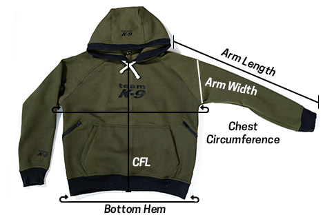 Sweatshirt laid flat, with lines indicating center front length, chest circumference, bottom hem, arm length, and arm width