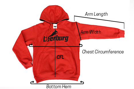 front of sweatshirt with lines indicating center front length, chest circumference, bottom hem, sleeve length and arm width